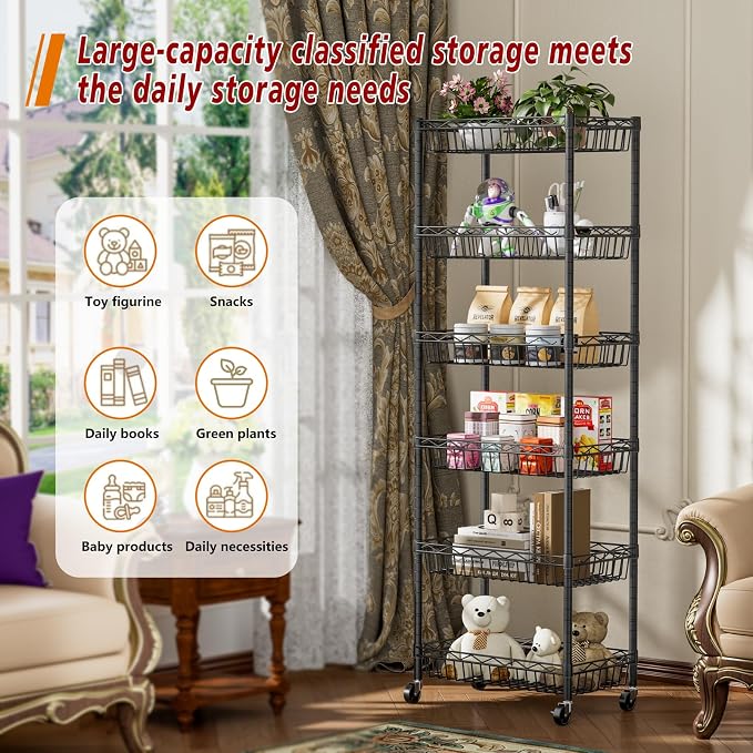 Golpart Basket Shelves Closet Rack with Wheels Metal Pantry Wire Shelf Unit | 6 tier Storage Rolling Shelving Bathroom Organizers Kitchen Garage Laundry Room Organization Home 17.2"Dx12.2"Wx63"H Black