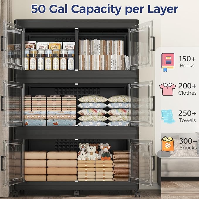 150GAL Extra Large Storage Bins with Lid, 600Qt Stackable Closet Organizers and Drawers, Collapsible Storage Bins with Wheels, Folding Containers for Home, Kitchen Office, 3Pack Black