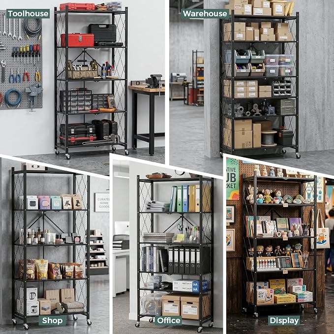 DEANIC 70.7" Tall Extra Large 5-Tier Folding Storage Shelf with Wheels, No Assembly Collapsible Metal Rack with Leveling Feet for Garage, Pantry, Basement, Vendor Display, Kitchen(Black,1 Pack)