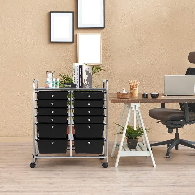 DREAMADE Rolling Cart with Storage Drawers, Utility Cart with Removable Plastic Drawers, Lockable Wheels, Art Cart for Classroom Organization Art Supplies Office Scrapbook (12 Drawers, Black)