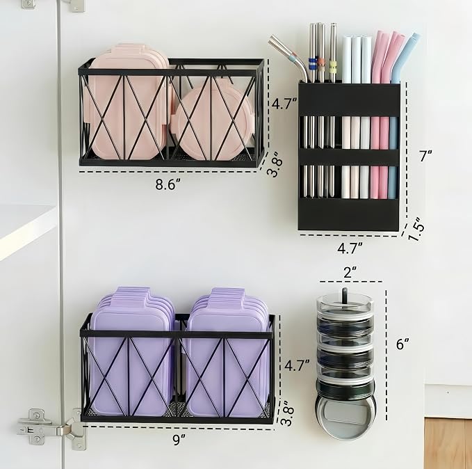4 Pack No Drill Cabinet Door Lid Organizer for Plastic & Tumbler Lids, Inside Cabinet Wall Mounted Storage, Compatible with Tupperware & Yeti, with Magnetic Straw Holder