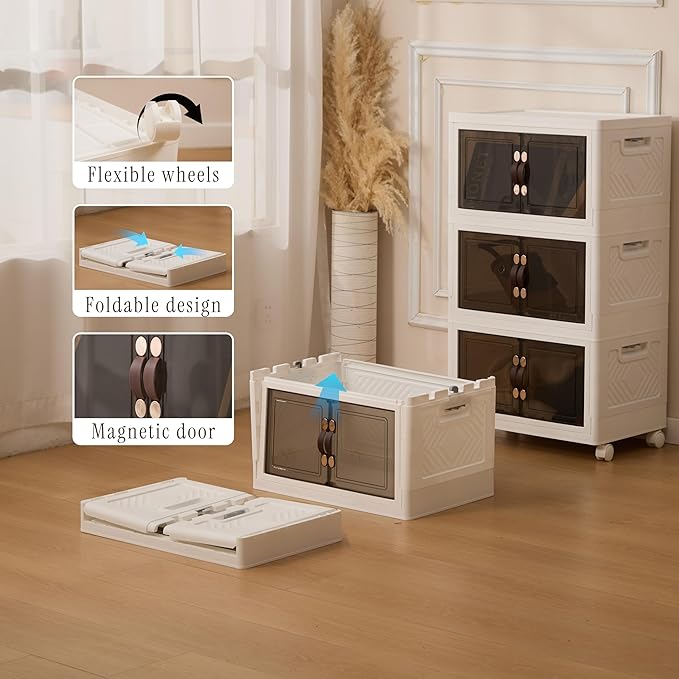 4 Tier Stackable Storage Bins with Lids, Total 144QT (4×36QT) Foldable Closet Organizer with Wheels, Collapsible Plastic Storage Boxes for Clothes, Toys, Kitchen, Office, and Dorm Room
