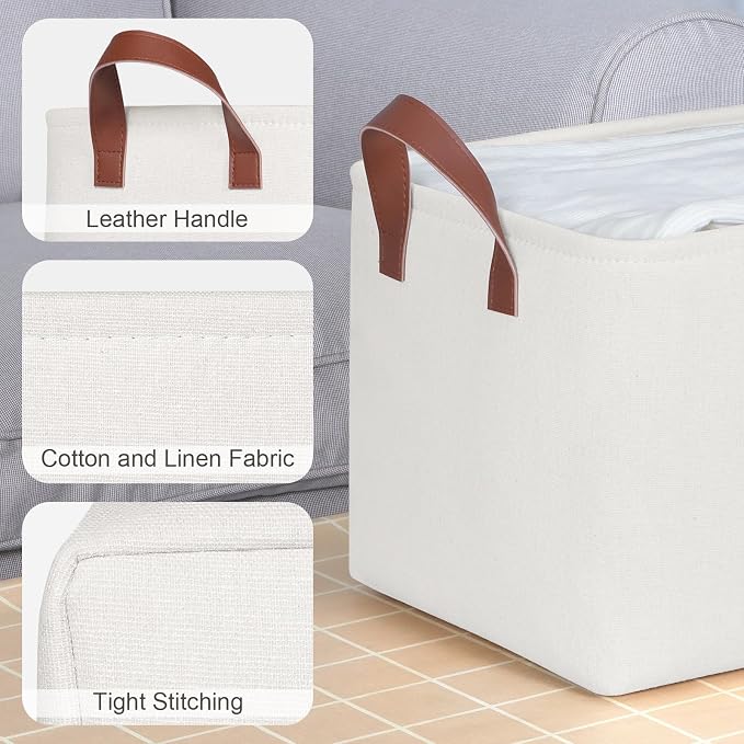 KEEGH Storage Baskets for Organizing Cube Storage 15 in, 4 Pack, White | Fabric Material, With Leather Handle, Closet Organization, Storage Bins for Living, Bedroom, Study