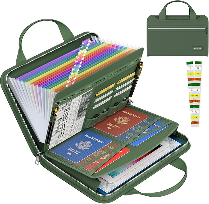 Tamfile Fireproof Accordion File Organizer with Handle, 13 Pocket Colorful Expanding File Folder with Zipper & Labels, File Folder with Multi-Pockets Paper Organizer Folder for Letter A4 Files (Green)