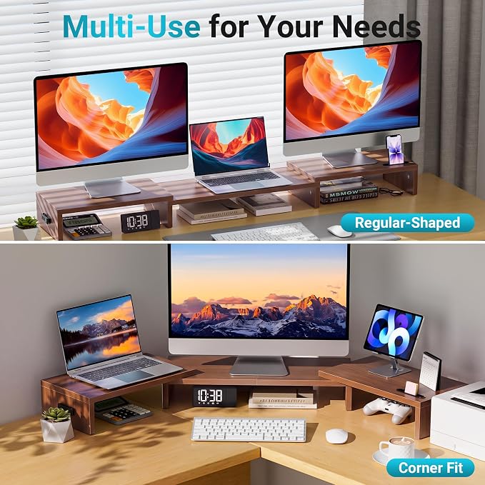 BONTEC Triple Monitor Stand Riser with Smartphone Holder, Adjustable Length & Swivel Angle, Ergonomic Wooden Desktop Organizer for PC Monitor, Laptop, Printer, Large Storage, 53.3 in, Walnut