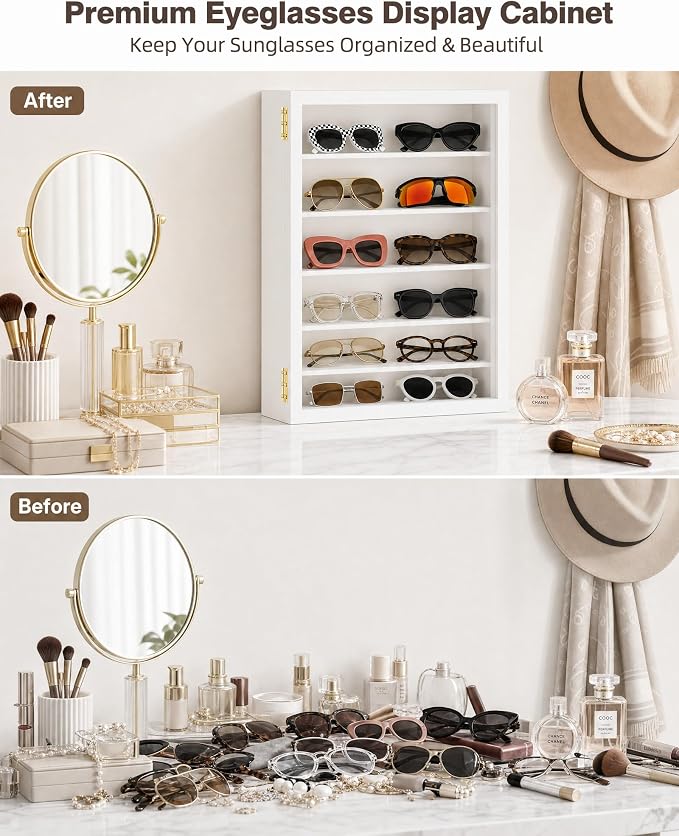 TJ.MOREE Sunglass Organizer Wall Mounted Glasses Holder Display Case 6 Tier | 13 x 15.6 inches Wooden Storage Box for Multiple Pairs Eyeglasses Sports Sunglasses