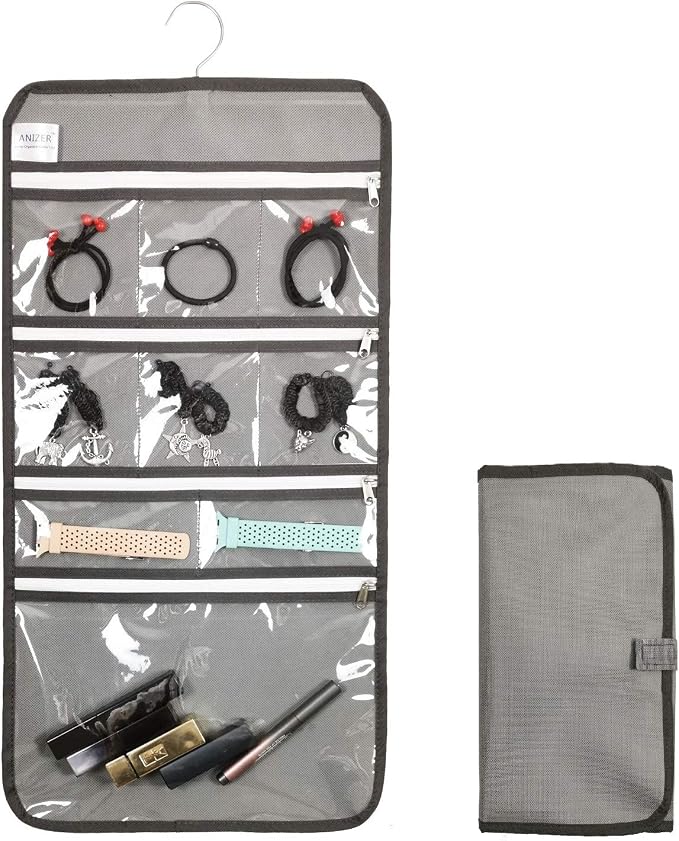 Travel Foldable Jewelry Rolls Bag Hanging Jewelry Organizer with 9 Zippered Clear Pockets Storage Pouch with Rotatable Hanger (GREY)