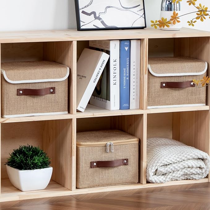 2PCS Storage Bins Box with Zippered Lid Decorative Fabric Basket | Natural Jute, Foldable Washable Stackable Lidded Container, Shelf Closet Organizer, w/ PU Leather Handles & PP Boards, Large