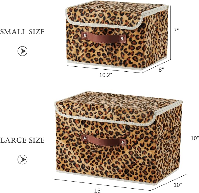 2PCS Storage Bins with Lids Decorative Leopard Print Box Basket | Velvet Fabric, Faux Leather Handles, Washable PP Board, Foldable Lidded Clothes Container, Shelf Closet Organizer, Small Size