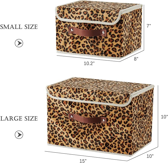 Storage Bin with Lid Decorative Cute Leopard Print Box Basket | Velvet Fabric, Faux Leather Handles, Washable PP Board, Foldable Lidded Clothes Container, Shelf Closet Organizer, Large Size