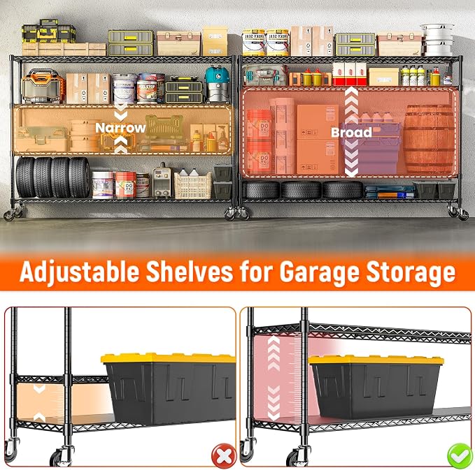 60'' W Storage Shelves Wire Shelving with Wheels, Heavy Duty Metal Garage Shelving, Adjustable Wire Rack with Liners, Fits 27-Gallon Totes, for Commercial & Warehouse, 60" W x 18" D x 63.78" H