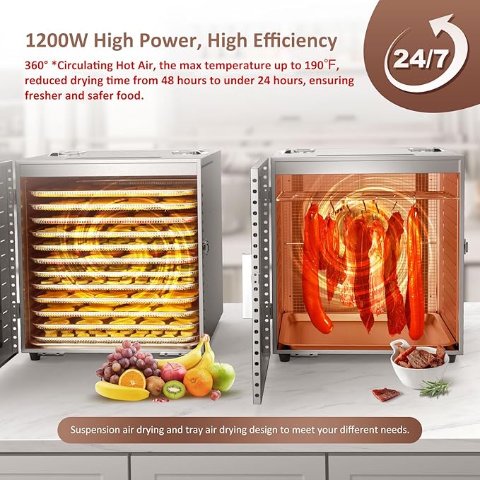 Commercial Large 12 Trays Food Dehydrator, Usable Area up to 22.67ft², 1200W Full Stainless Steel Dryer Machine, up to 190℉ Temperature, for Meat, Fruit, Veggies, Beef, Herbs, Pet Foods