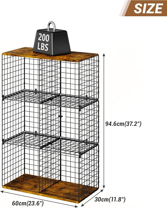 Free-standing Sturdy Tall 6-Cube Closet Organizer Storage Wire Basket Shelf with Wood Top for Wardrobe Bedroom Closet, Stackable Space-saving Clothing Shelves for Clothes, Sweaters, Pants, Handbags