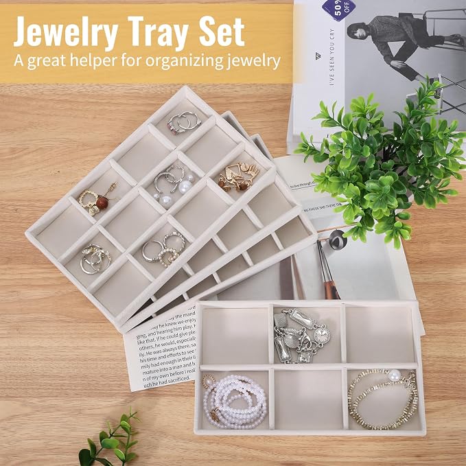 24 Pack Stackable Jewelry Organizer Trays, 4 Size Velvet Tray for Drawer | beige flocked lining, protects rings necklaces, grid compartments, different sizes, fits countertop display, gift