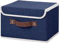 ANMINY Storage Bin with Lid Storage Boxes with PU Leather Handles PP Plastic Board Decorative Foldable Lidded Cotton Linen Fabric Home Cubes Baskets Closet Organizer Container - Blue, Small Size
