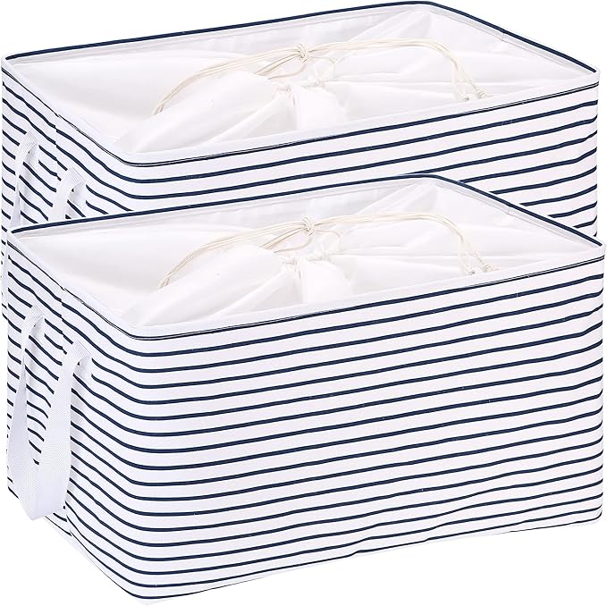Hinwo 102L XXL Storage Bins, 2-Pack Closet Organizers and Storage, Foldable Clothes Storage Baskets with Handles, Containers for Clothing, Blanket, Comforters, Toys, Bedding (Navy Stripe)