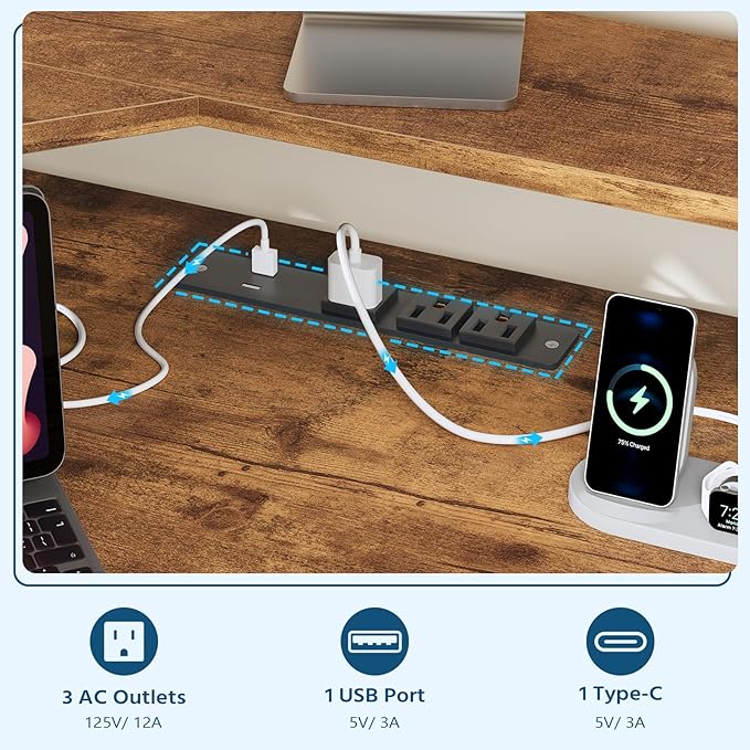 47" Corner Desk with Drawers, Power Outlets ＆ Printer Shelf for Small Space | Small Computer Desk with Monitor Stand, Triangle Gaming Desk with LED Lights and Keyboard Tray, Rustic Brown