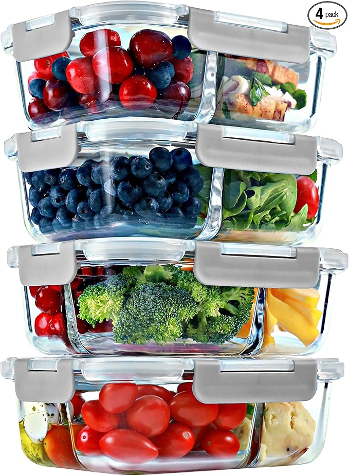 Glass Meal Prep Containers 2 & 3 Compartment, Leak-Proof Lids 32 oz 4 Pack | Glass Bento Boxes Food Lunch Containers with Lids for Adults, Airtight Snap-Lock, BPA-Free, Microwave Oven Freezer Safe, Gray
