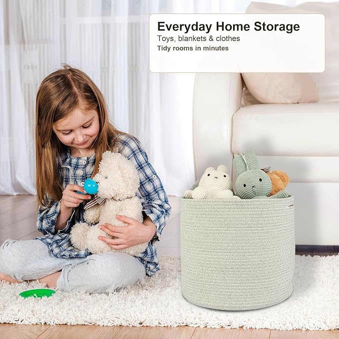 XUANGUO Cotton Rope Woven Basket, 16x14 in Kids Laundry Basket, light green | Round blanket basket and small laundry basket; baby hamper or nursery storage bin for girls, boys, toys, clothes and shoes