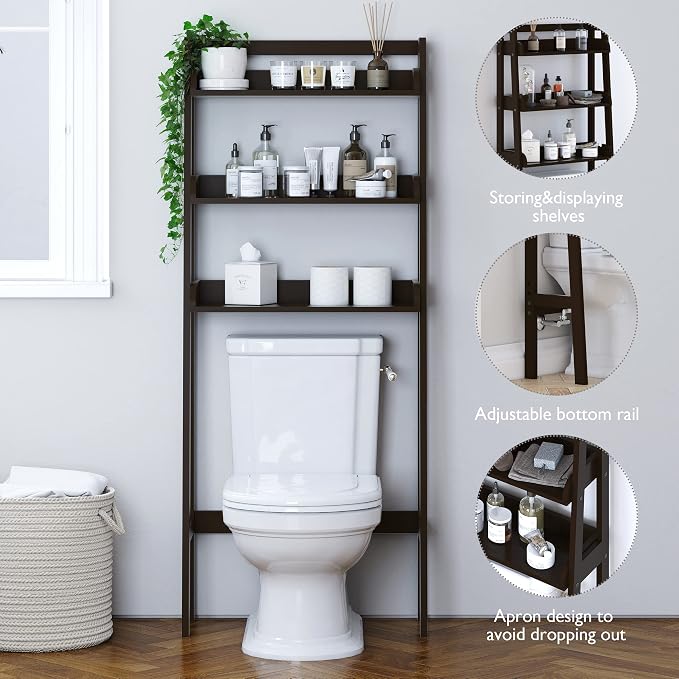 UTEX Behind Toilet Bathroom Organizer, 3-Tier Wood Ladder Shelf, Espresso | FSC-certified MDF, Modern Open Ladder-style Design, Raised Side Guards, Adjustable Lower Crossbar, 33-Inch Clearance