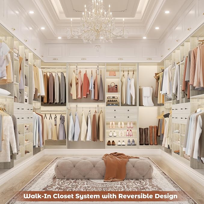 Large Closet System (Set of 3) with 4 Drawers, 8 Hanging Robs, 91.5"/151" Closet Organizer System with Corner Tower, Reversible Walk-in Closet System Corner Closet System, Greige Oak