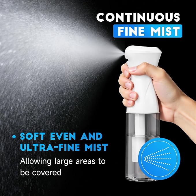 3 Pack Spray Bottle for Hair - Continuous Hair Spray Bottles Refillable Mister Sprayer for Hairstyling, Plants, Pets, Skincare, Cleaning (10.1 OZ/300ML, Black+White+White)