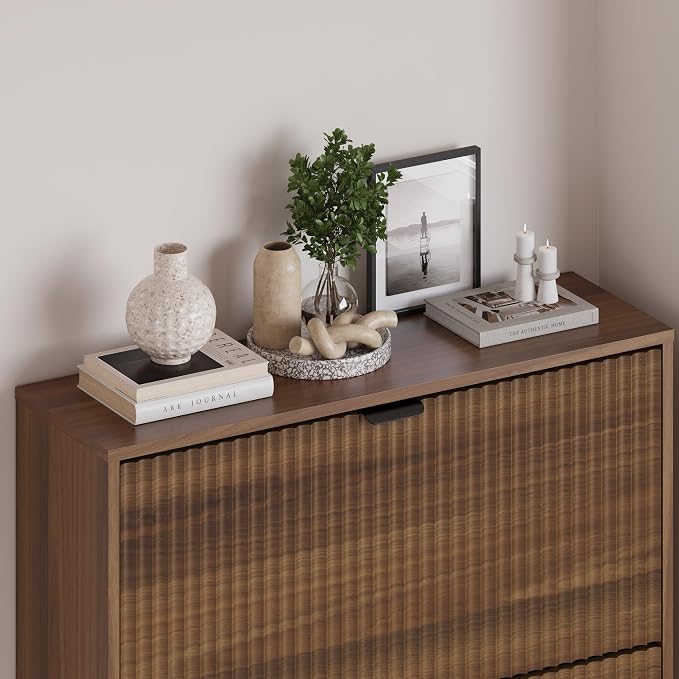 BORNOON Entryway Shoe Cabinet with 3 Flip Drawers, Narrow Shoe Organizer Cabinet with Fluted Panel and Adjustable Shelves for Foyer, Hallway