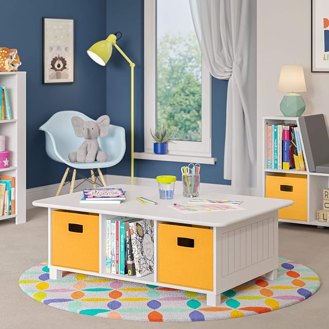 RiverRidge Folding Storage Bins - 2-pack of 10in Tall Golden Yellow Cubes | Fabric Bins, Set of 2 Storage Cubes, Cut-out Handles, Playroom Closet Organizer, Collapsible Cubby with Bottom Board Insert