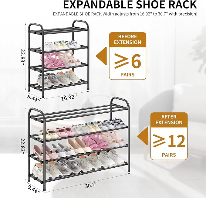 Hleelomi 4-Tier Expandable Shoe Rack, Black | Adjustable Metal, For Entryway, For Closet, For Living Room, For Dorm