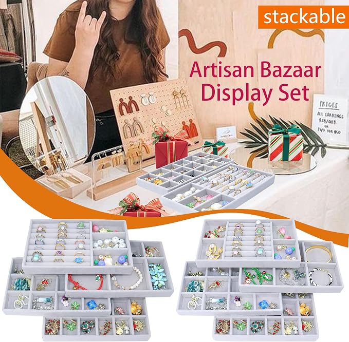 Jewelry Storage 8PACK, Velvet Jewelry Organizer Trays, 4PCS Stackable Jewelry Tray for Drawers, Grey Organizer for Rings, Earrings, Necklaces, Watches, Bracelets, Brooches