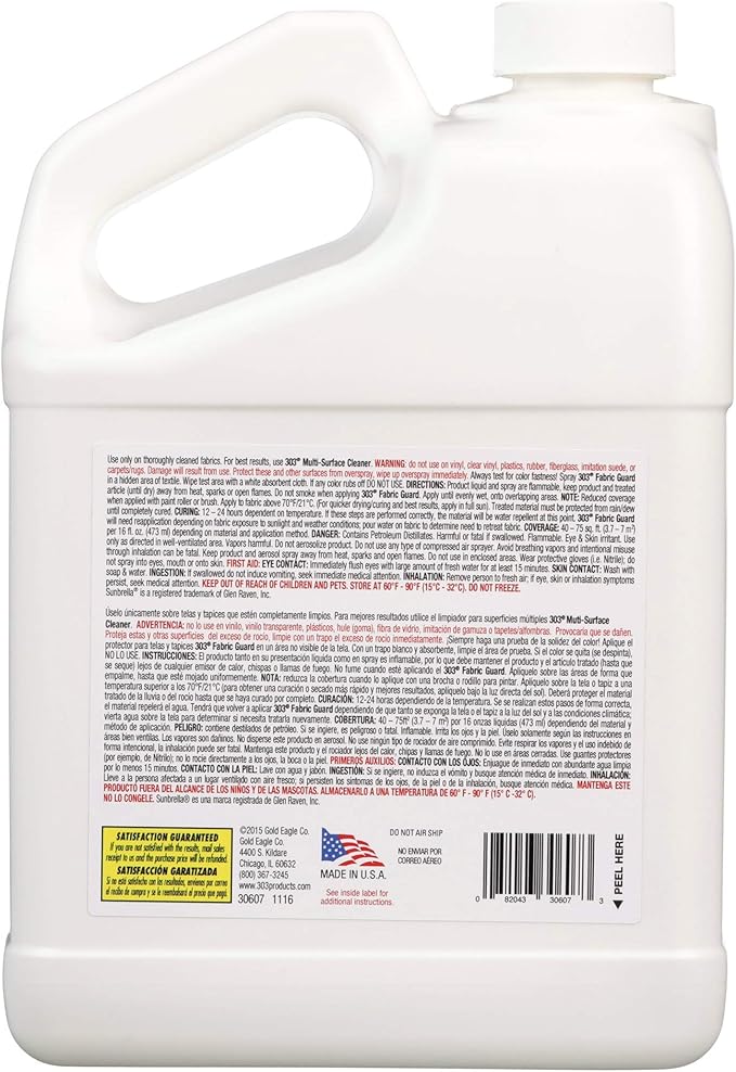 303 Products Fabric Guard – Water Repellent & Stain Shielding Fabric Spray, Safe for All Outdoor Upholstery, Easy to Use, Manufacturer Recommended, 1 Gallon, White