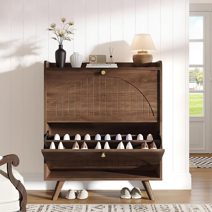 Decofy 37.6” Shoe Cabinet with 2 flip-Down Drawers, 3 Adjustable Levels, Suitable for Entryway, Hallway, Living Room (Walnut)