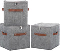 11inch Storage Boxes Cubes with Zipper Lid Collapsible Fabric Lidded Storage Bins Baskets PU Leather Handle Cotton Linen Decorative Shelf Closet Organizer Container (Gray, 3PCS)