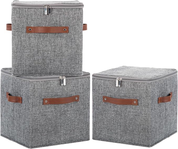 11inch Storage Boxes Cubes with Zipper Lid Collapsible Fabric Lidded Storage Bins Baskets PU Leather Handle Cotton Linen Decorative Shelf Closet Organizer Container (Gray, 3PCS)