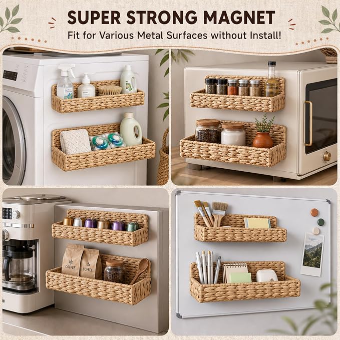 Lineshading 4 Pack Water Hyacinth Magnetic Spice Rack for Refrigerator, Magnetic Shelf for Fridge, Spice Rack, Woven Water Hyacinth, Rustic Boho Kitchen Organizer