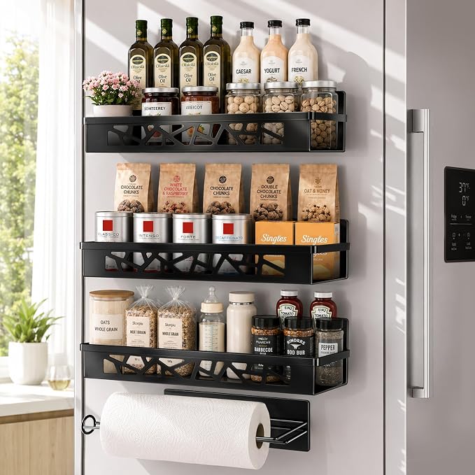 Magnetic Spice Rack with Paper Towel Holder,4 Pack refrigerator organizer | Space Saving Fridge Shelf Storage,No Drill,Storage Spices, Snacks & Kitchen Essentials,Small Kitchen,Apartment or RV