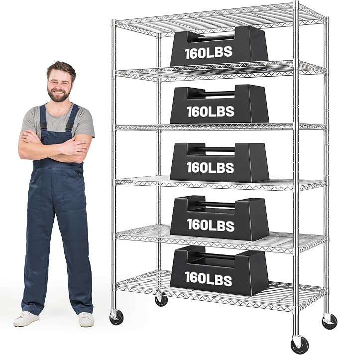 Romorgniz 82" H X45 W X18 D Storage Shelves with Wheels, 6 Tier Wire Shelving Adjustable Metal Shelving Pantry Shelves Capacity 1200LBS for Garage Shelving, Pantry, Kitchen, Commercial, Chrome,3P