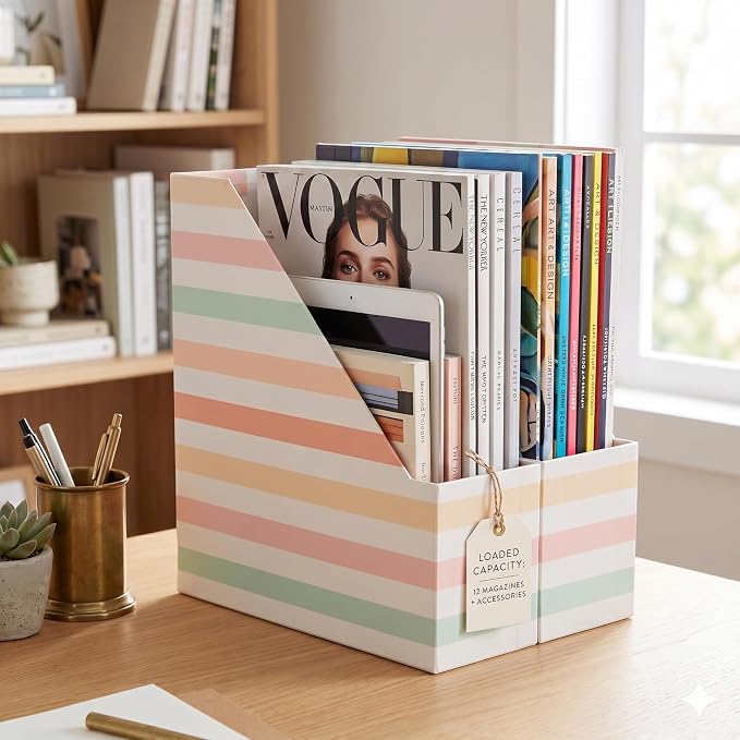 BLU MONACO | Cardboard Magazine File Holder Set of 4 | Vertical Magazine File Holder with Gold Label Slots | Standing File Holder and Cardboard Bins for Shelves Desk Classroom