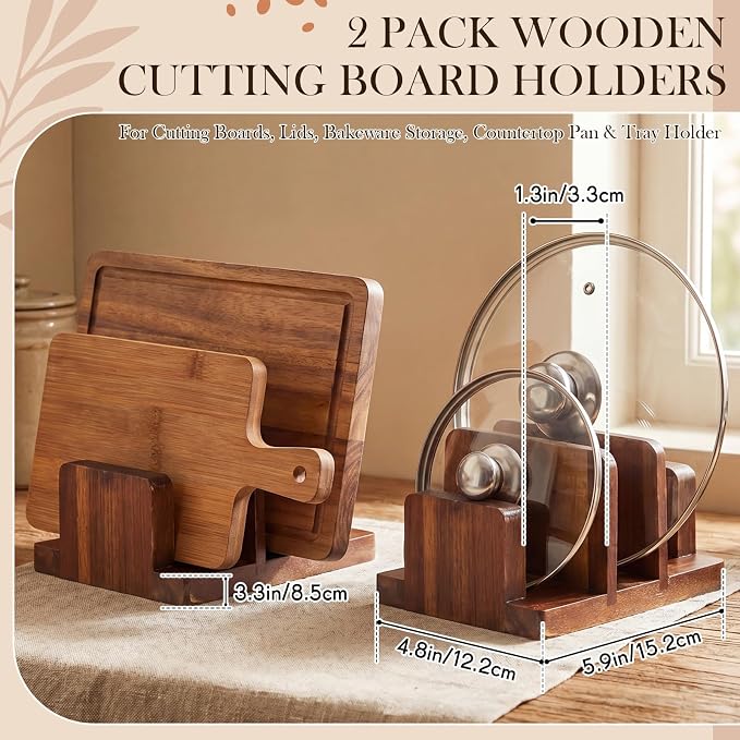 Mifoci 2 Pack Acacia Wood Cutting Board Holder, Kitchen Rack for Cutting Boards, Lids, Bakeware Storage, Countertop Pan & Tray Holder with 3 Slots, Plate Organizer for Cabinet, Baking Sheets
