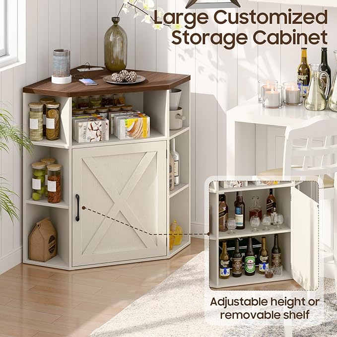 Halitaa Corner Storage Cabinet, Farmhouse Corner Bookshelf with Storage 6-Cubby Wooden Cabinet with USB Ports and Outlets Industrial Organizer for Small Space, Study, Playroom, Living Room