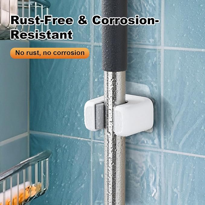 funest 6 Pack Mop and Broom Holder Wall Mount, No Drill Needed Self Adhesive, Non-Slip Mop Grippers for Tile Walls - Kitchen, Bathroom, Garage（White）