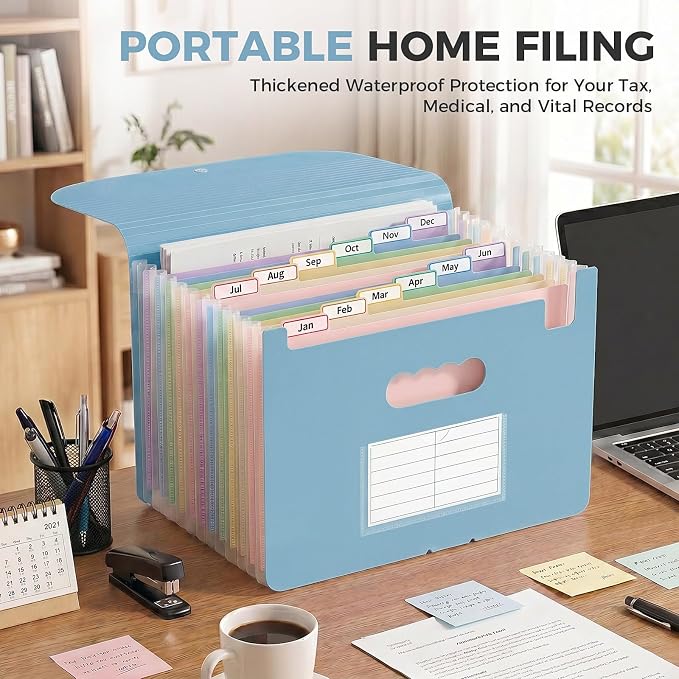 SKYDUE Expanding File Folder with 13 Pockets, Accordion Document Organizer with Monthly Labels, A4 & Letter Size for Tax Records, Medical Files, Receipts, Home of Haze Blue