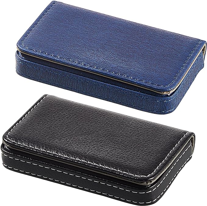 Outus 2 Pcs Business Card Holder, PU Leather Business Card Case Pocket Wallet with Magnetic Shut for Valentines Gift Adult(Blue and Black)