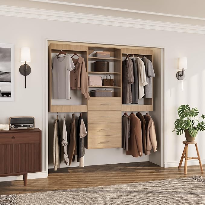 ROOMTEC Modular Closet System, 66" Wall-Mounted Closet Organizer with Drawers and Hanging Rods, Wooden Tower for Walk-In Closets, Wardrobe Storage Kit, Wood