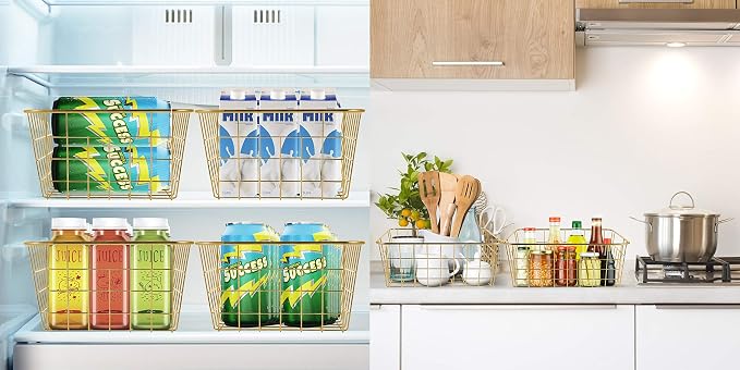 Wire Baskets for Storage Pantry, 4 Pack, 11 x 8.7 x 4.7 in, Golden Metal | Wire Baskets for Kitchen Refrigerator Freezer Cabinet Shelf Garage, Metal Bin with Side Handles for Easy Pull (Golden)