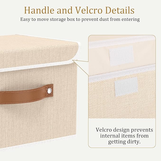 OUTBROS Storage Boxes, Collapsible Storage Bins with Lids, Cotton and linen cloth Storage Baskets with Handle, for Books, Closet, Beige, 3 Pack 10.2 x 7.9 x 6.7in