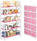 4NM Extra Wide 5 Tiers No Assembly Book Shelves, 51.2" H Folding Bookshelf Bookcase Open Industrial Foldable Shelves for Bedroom, Living Room, Home Office - Pink White