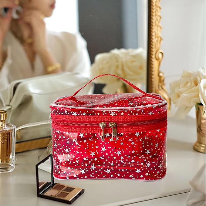 Star Print Pink PVC Makeup Bag with Handle - 8.66 * 5.51 * 5.51 inch,Clear Storage Bag Toiletry Pocket Portable Zippered Pouch Waterproof Cosmetic Organizer Bags for Women (Pink-L)