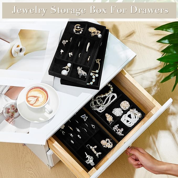 Junkin 18 Pcs Jewelry Drawer Organizer Inserts, Stackable Jewelries Inserts for Dresser Drawers, Drawer Insert Organizers Velvet Jewelry Trays for Rings Earring Bangle Necklace(Black)