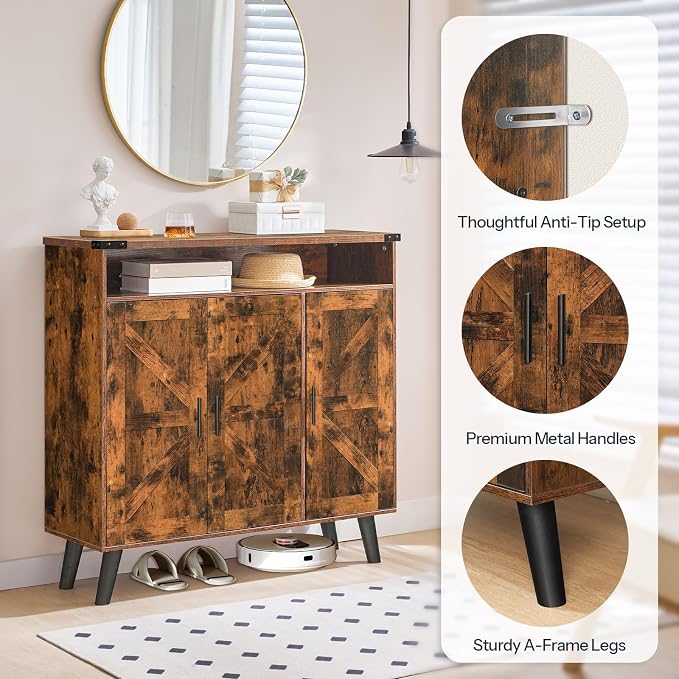 HOOBRO Shoe Cabinet for Entryway with 3 Doors, 39.4" Wooden Shoe Storage Cabinet, Large Capacity Organizer for Closet & Hallway, Freestanding, Rustic Brown FG20SC01